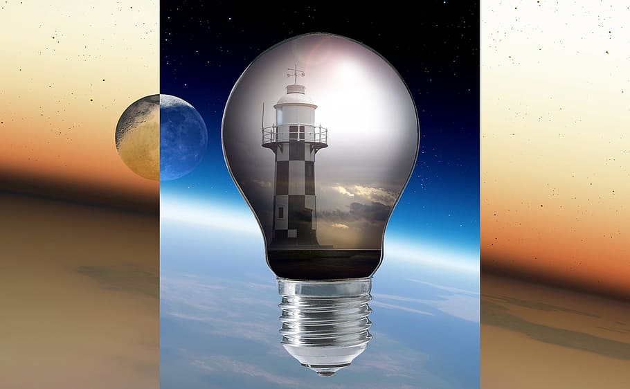 lighthouse in bulb artwork, moon, space, clouds, pear, thread HD wallpaper
