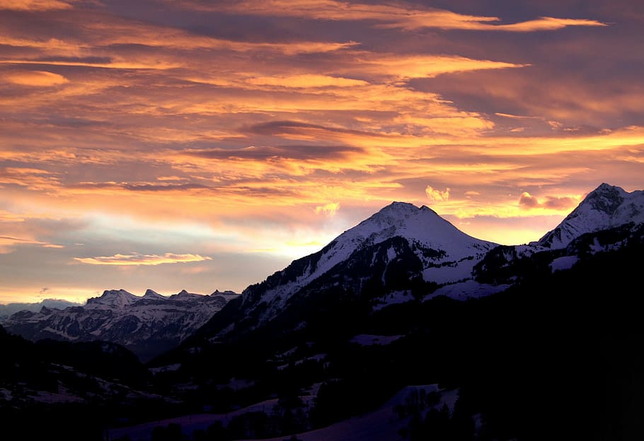 mountain range covered by snow at daytime, sunset, mountains HD wallpaper