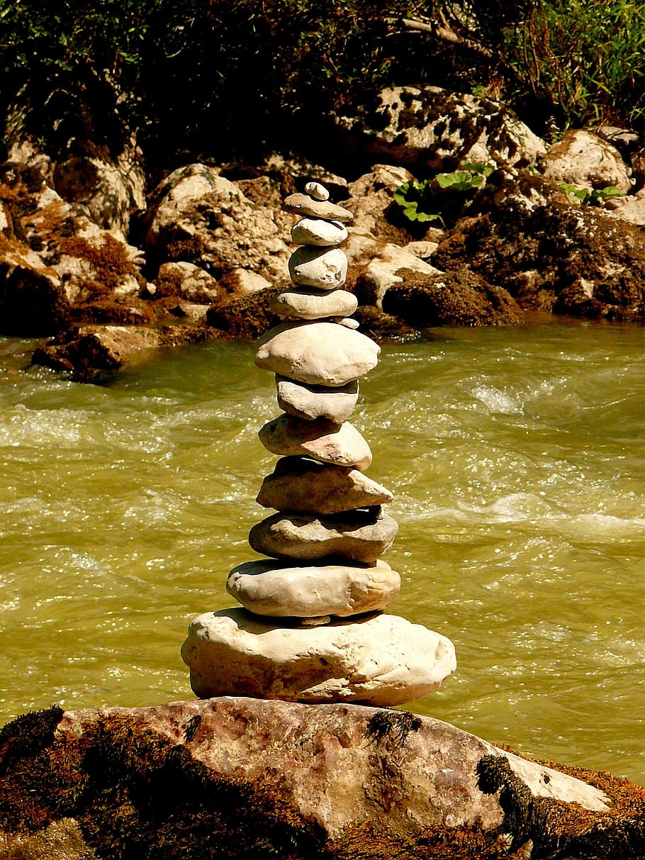 Stone Tower, Stones, Turret, Waymarks, river, balance, rest, HD wallpaper