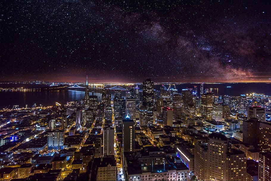 Cityscape of San Francisco under the stars at night, urban, sky