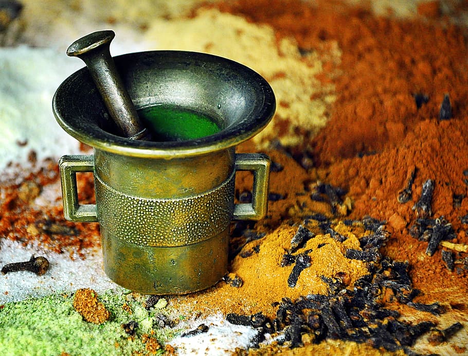 black and brown metal vase, Spices, Kitchen, Mortar, Cooking HD wallpaper