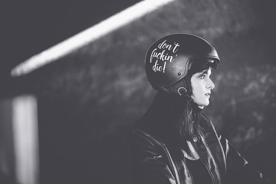 grayscale photography of a woman in leather jacket and half-face motorcycle helmet, grayscaled photo of woman in black helmet, HD wallpaper