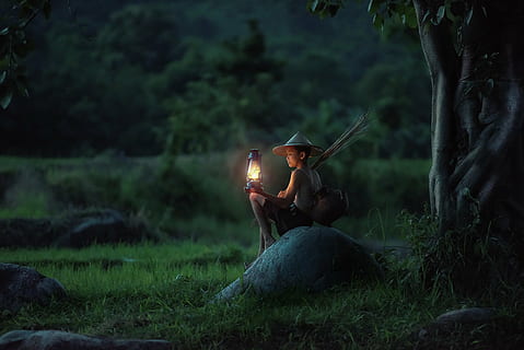boy holding lamp sitting on a rock, background, pretty, blue HD wallpaper