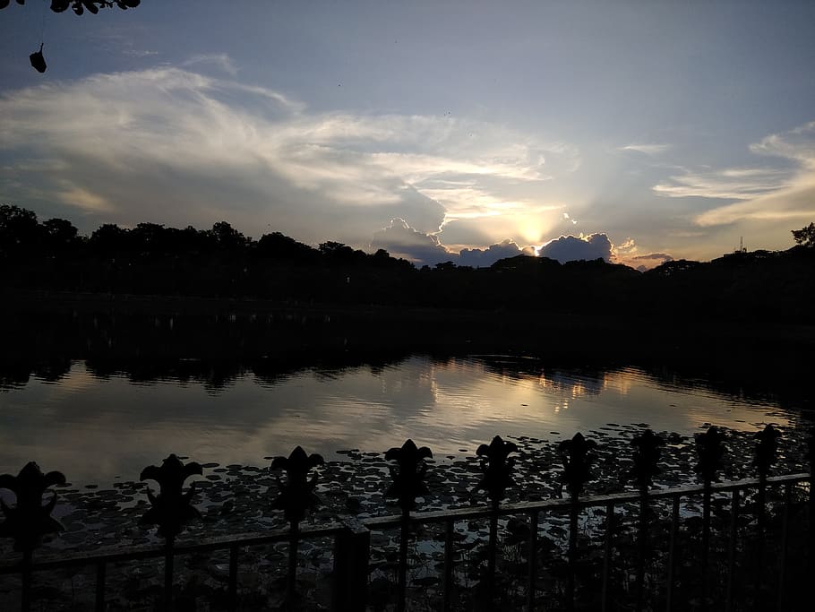 sunset, rabindra sarobar lake, kolkata, sky, silhouette, reflection, HD wallpaper