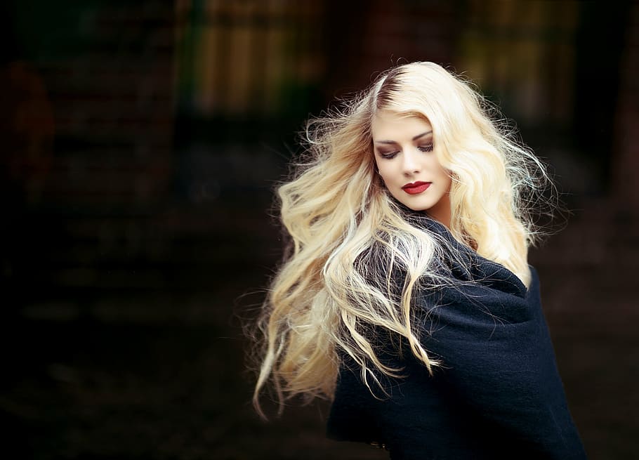 woman in black coat, portrait, girl, blond, hair, long hair, blonde hair
