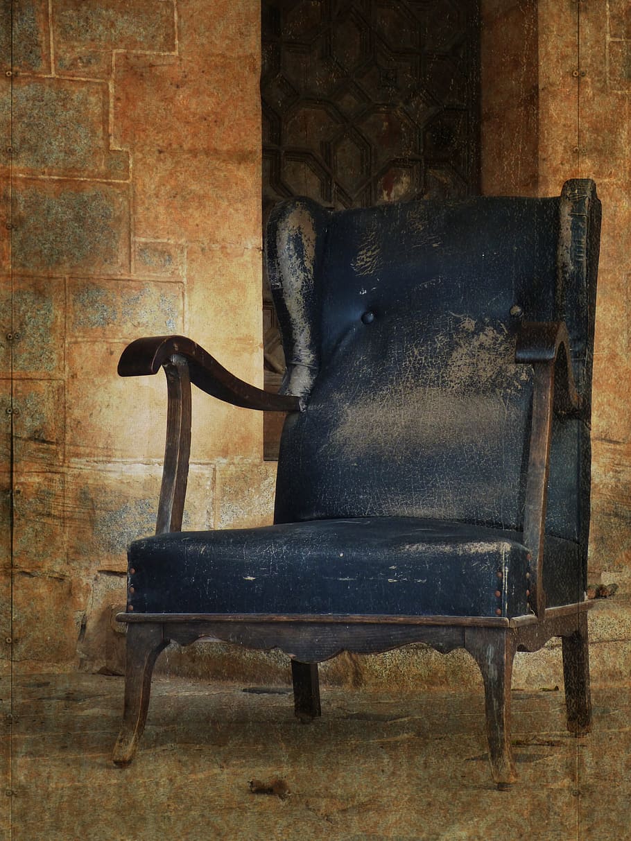 brown wooden framed blue padded armchair, seat, abandoned, castle
