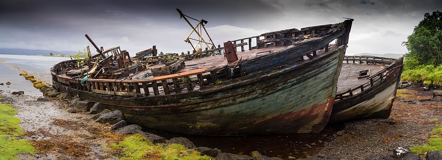 two blue and white ships on land, mull, wreck, scotland, seashore