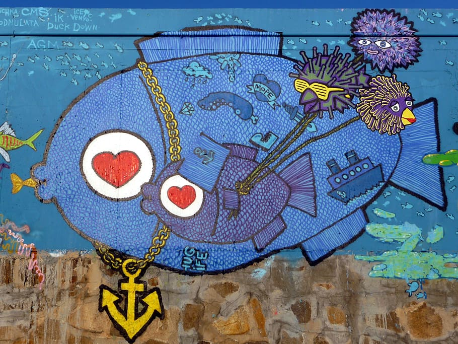 graffiti, fish, heart, anchor, yellow, blue, art and craft HD wallpaper
