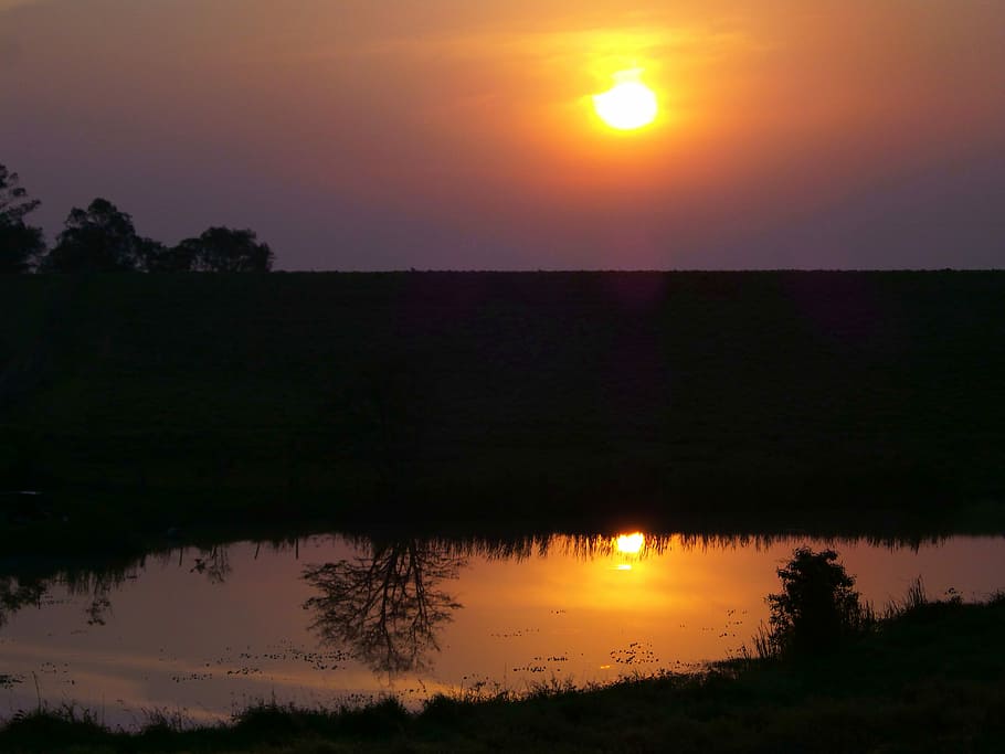 Sol, Reflection, Lake, Dawn, sunset, silhouette, orange color HD wallpaper