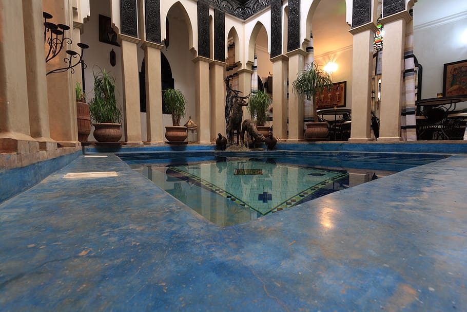 morocco, hotel, indoor, pool, guesthouse, marrakech, marrakesh HD wallpaper