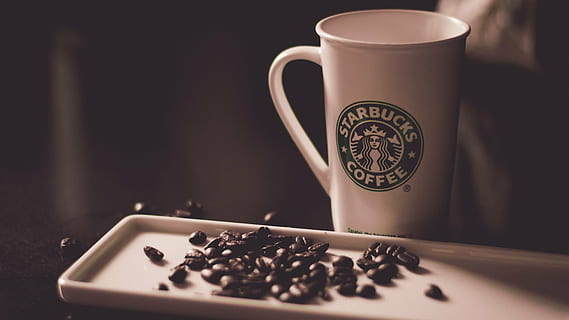 Starbucks Coffee mug beside tray with coffee bean, cup, seeds HD wallpaper