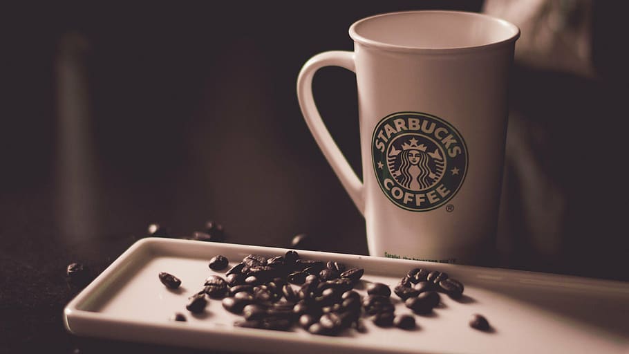 Starbucks Coffee mug beside tray with coffee bean, cup, seeds HD wallpaper