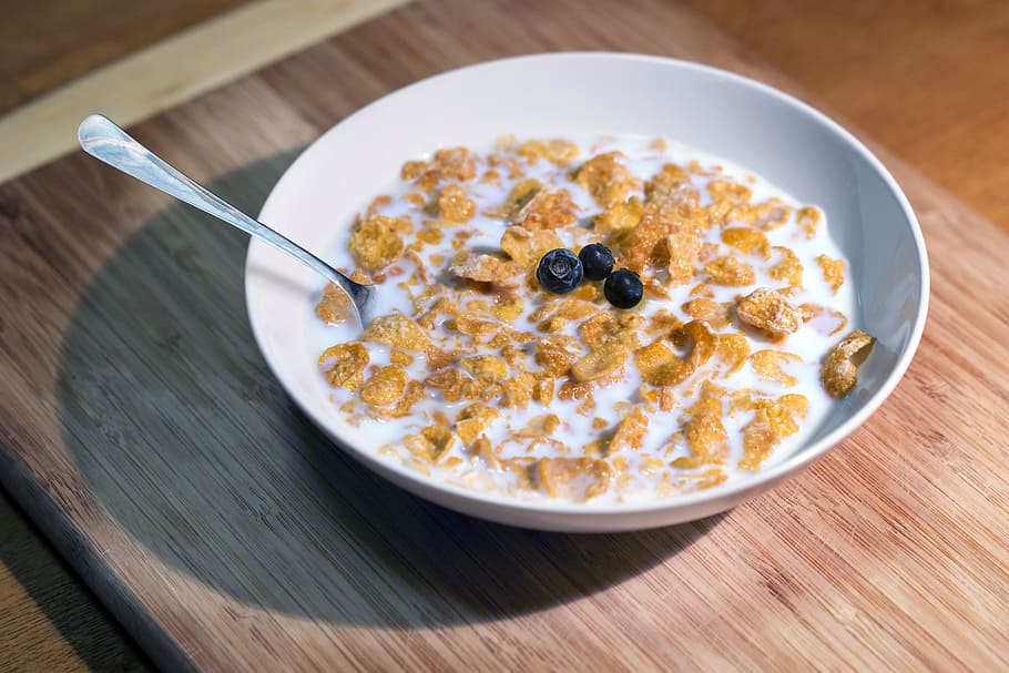 cereals with milk in white bowl, breakfast, meal, food, nutrition