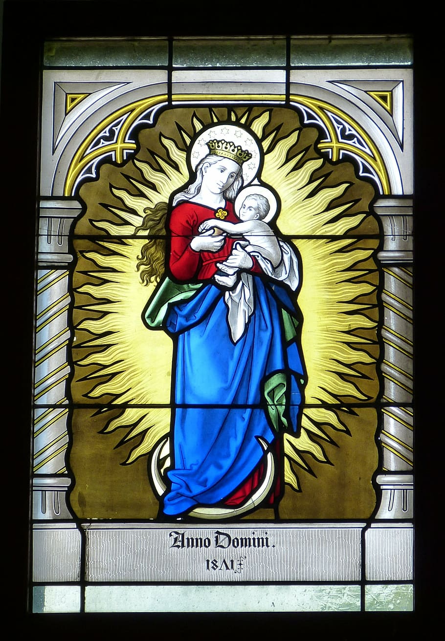 Anno Domini stained glass artwork, madonna, figure, woman, grace