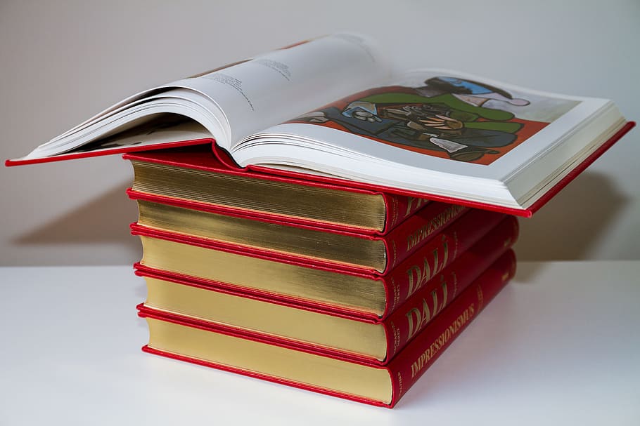 red books, book stack, education, book pages, study, learn HD wallpaper