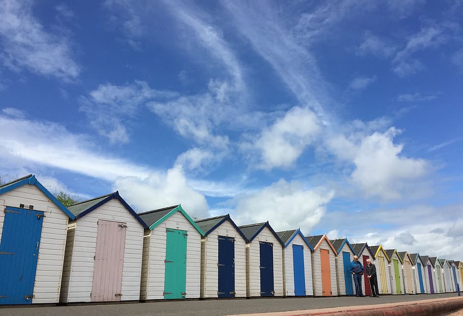 beach huts, sea, summer, sky, blue, sand, wood, house, building HD wallpaper