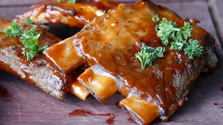 grilled spare ribs, meat, marinated, food, delicious, pig, stainless, HD wallpaper