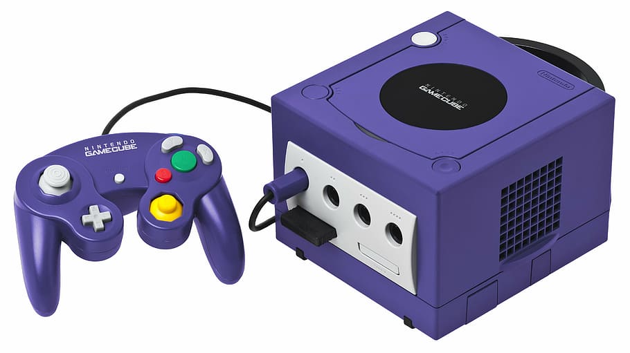purple Nintendo Gamecube console and controller, video game console, HD wallpaper