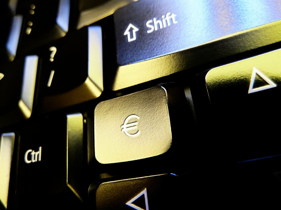 black computer keys, keyboard, button, yellow, money, euro HD wallpaper