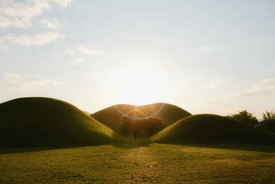 landscape photography of hill during golden hour, green, grass HD wallpaper