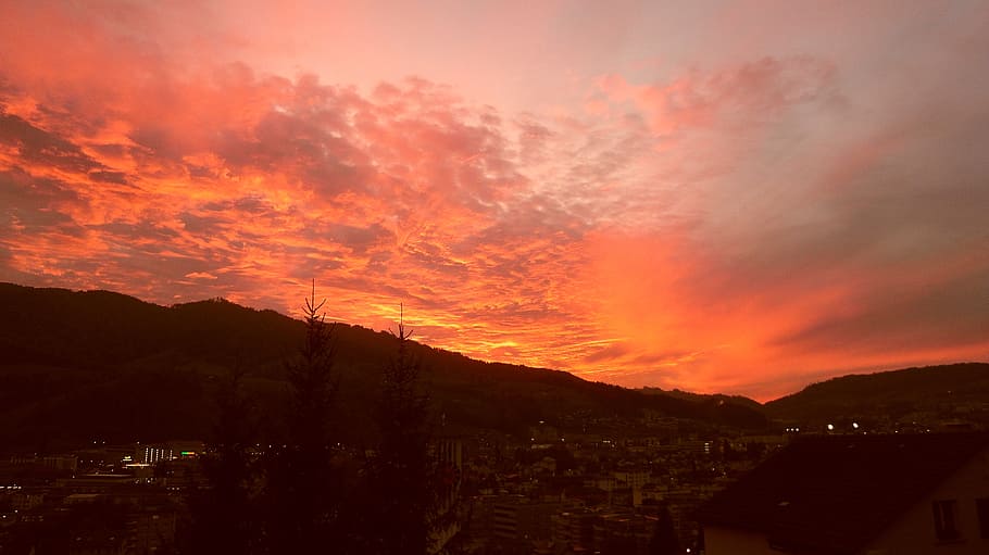 sunset, sky, clouds, red, glow, orange, yellow, city, switzerland HD wallpaper