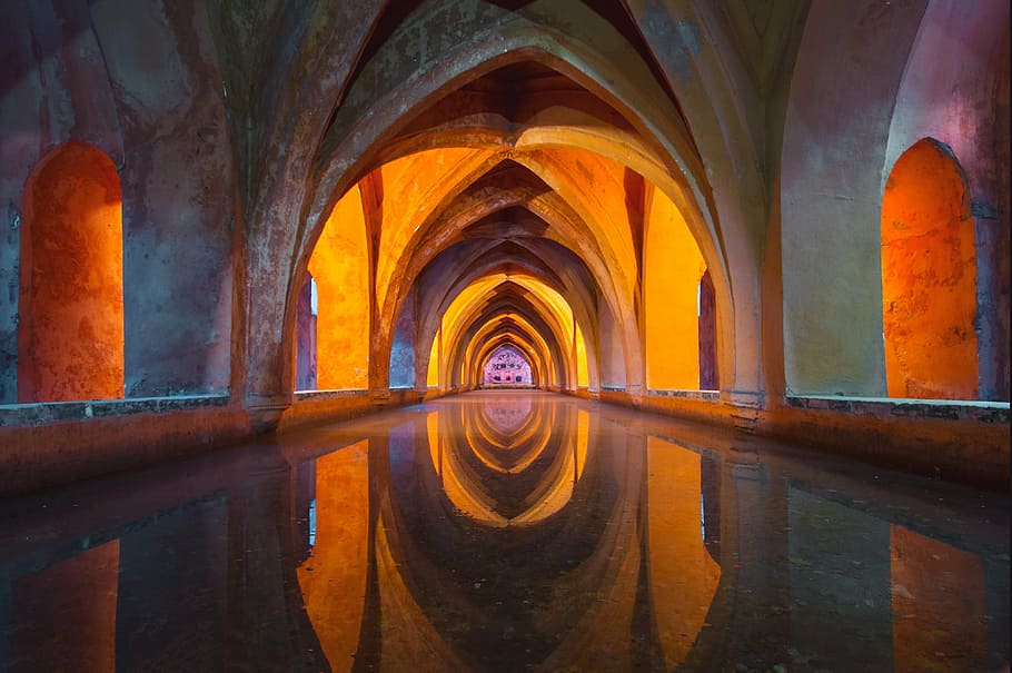 close up photo of concrete hallway, water, architecture, colourful HD wallpaper