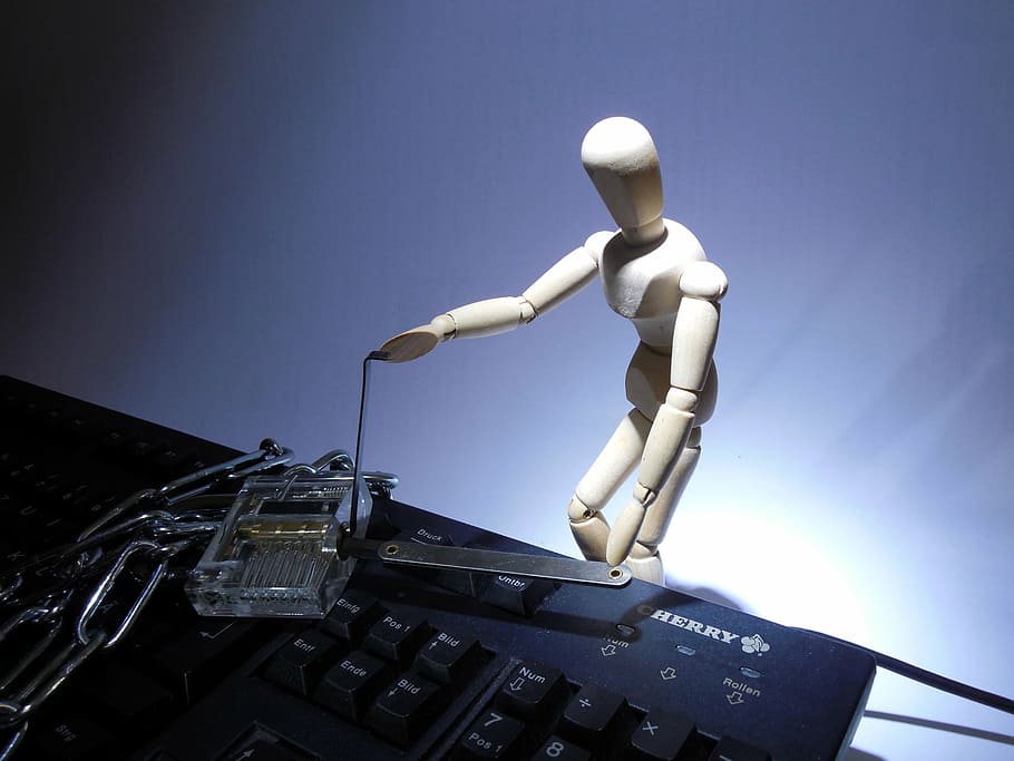 white robot toy beside black computer keyboard, privacy policy, HD wallpaper