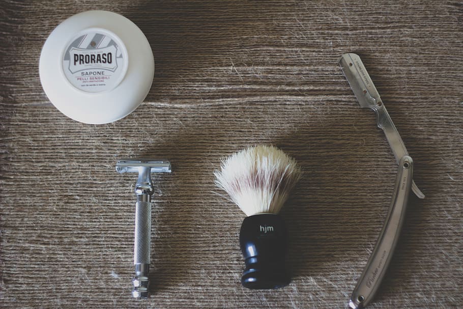 silver shaver near black and white brush, razor, blade, soap HD wallpaper