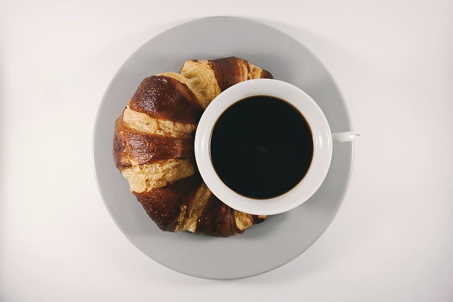 food, caffeine, coffee, cup, croissant, drink, mug, food and drink HD wallpaper
