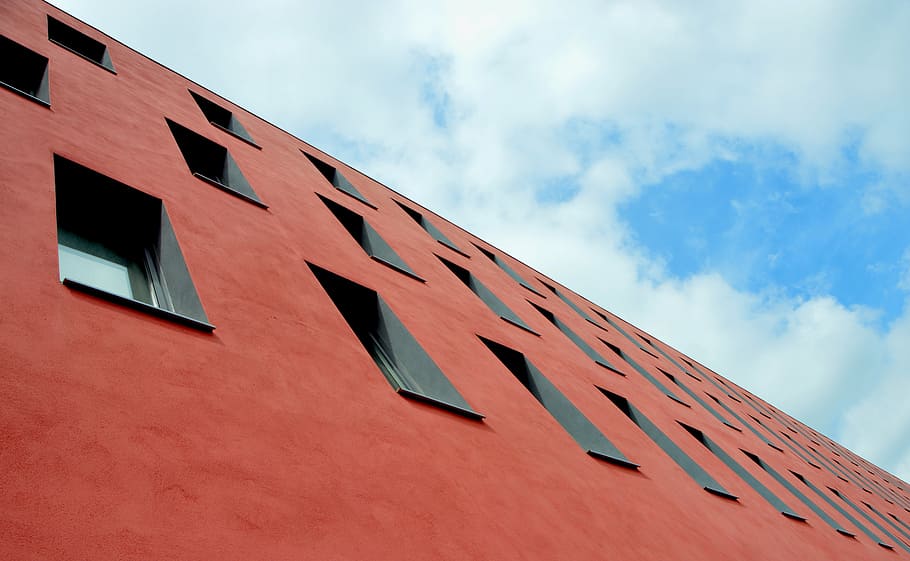 building, clouds, perspective, sky, windows, architecture, red HD wallpaper