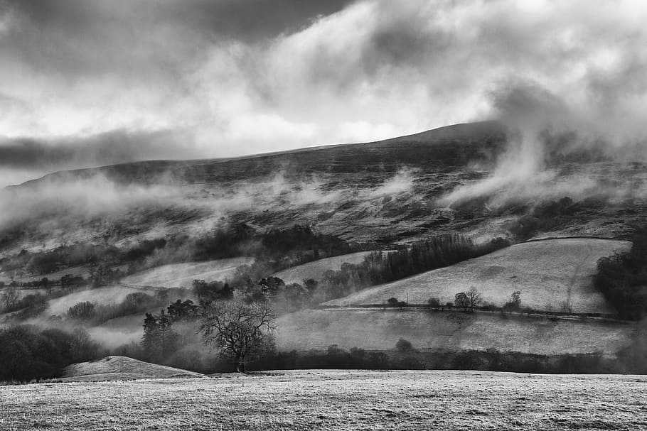 grayscale photo of mountain, mist, field, landscape, clouds HD wallpaper
