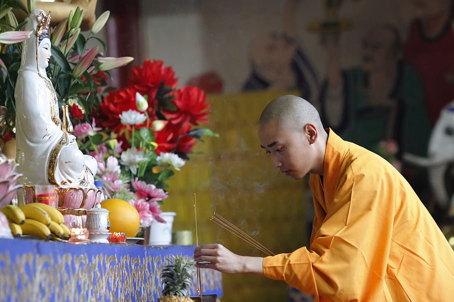 incense, respectfully, monks, han pass, buddhism, zheng guanyin temple, HD wallpaper