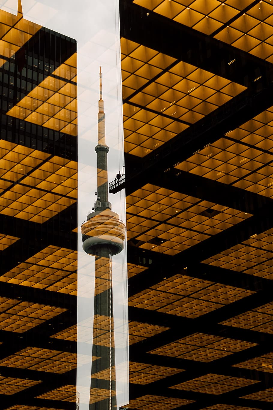 CN tower, brown tower between brown buildings at daytime, reflection HD wallpaper