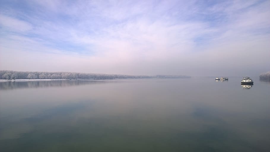 ship, river, danube, landscape, day, winter, bunker, tanker HD wallpaper