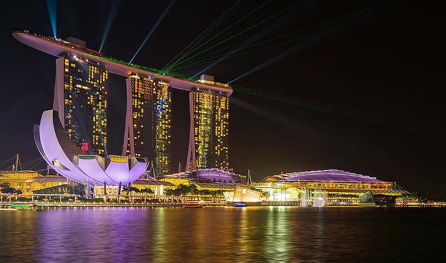 Marina Bay Sands, Singapore, night, laser show, architecture, HD wallpaper