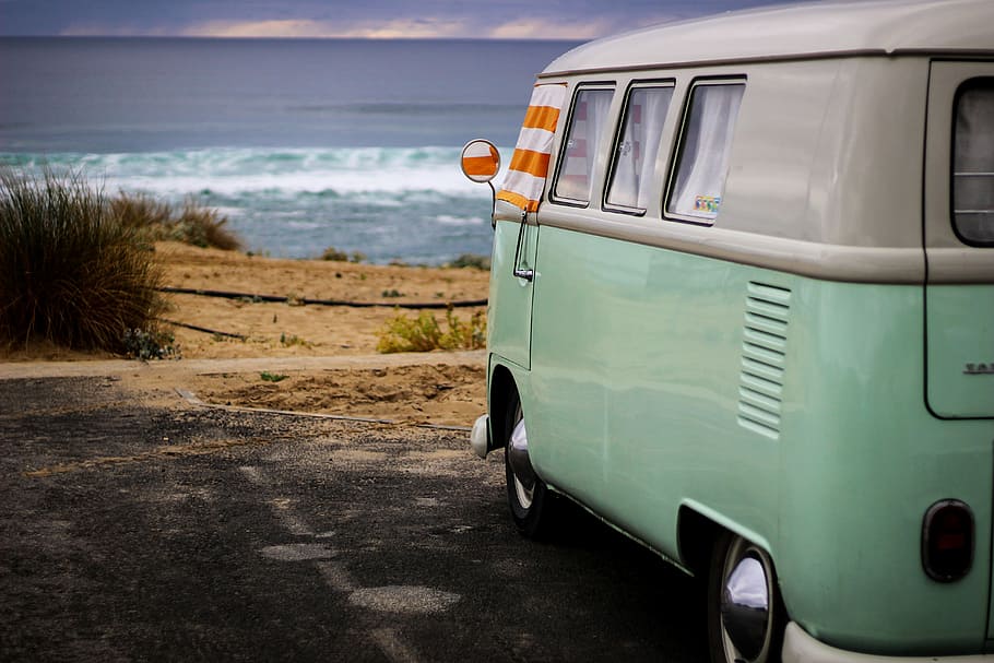 teal and white Volkswagen T1 van, minibus, vista, landscape, panoramic, HD wallpaper