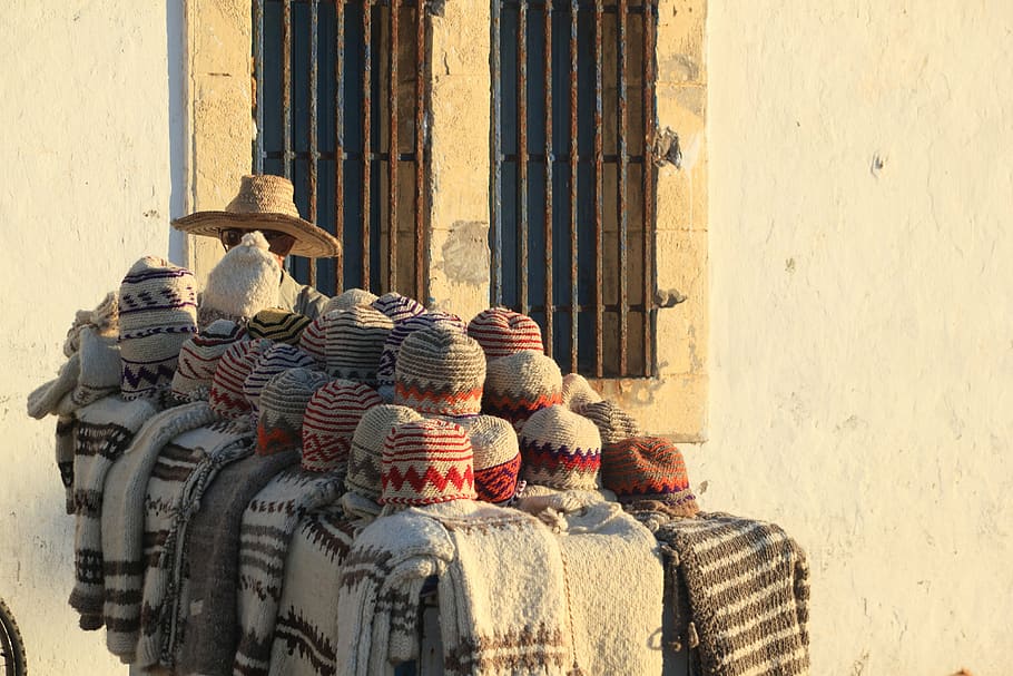 grey scarfs and beanies, morocco, essaouira, street, vendor, clothes, HD wallpaper