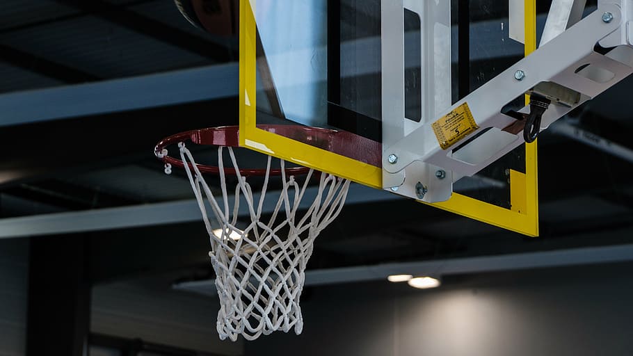 red and yellow basketball hoop, sport, score, equipment, net, HD wallpaper