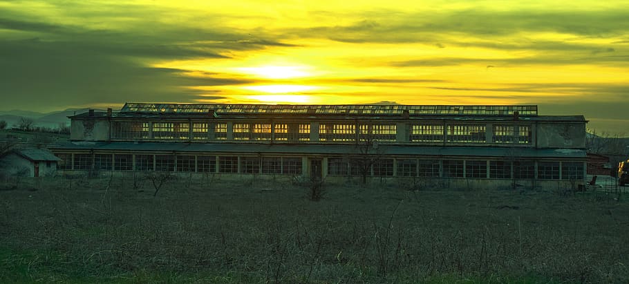 the building, sunset, workshop, architecture, sky, built structure HD wallpaper