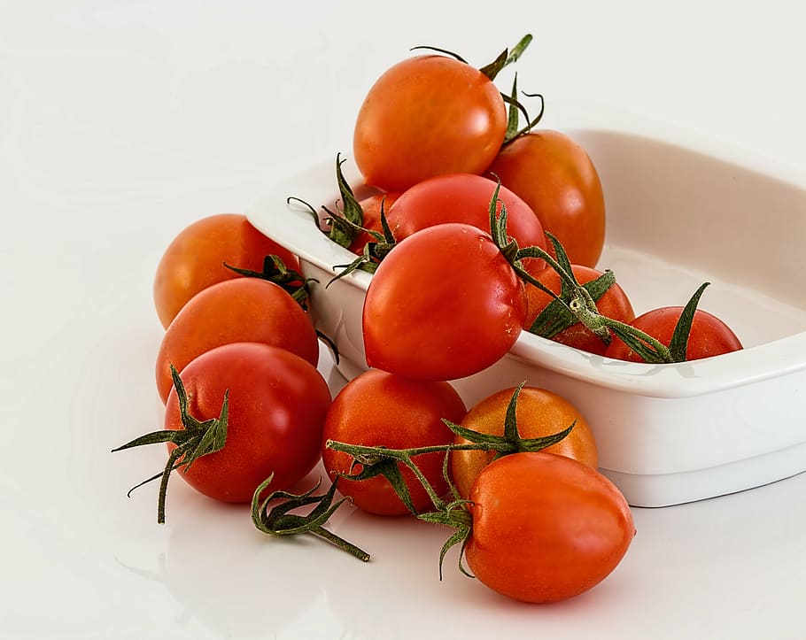 bunch of tomatoes on and white bowl, red, fresh, vegetable HD wallpaper