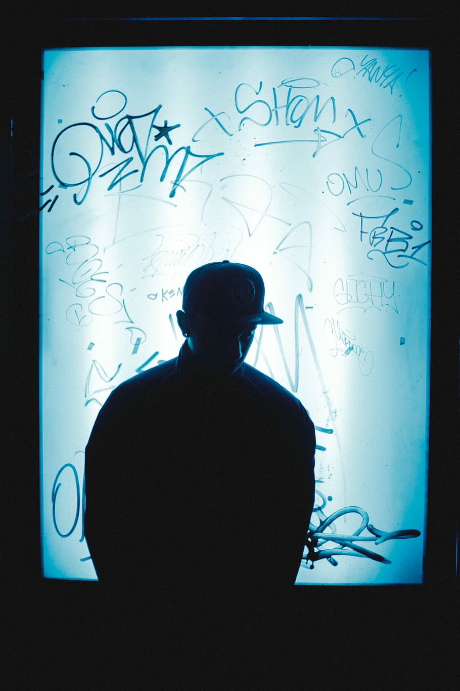 silhouette of man in front of signed poster, man standing against LED wall HD wallpaper