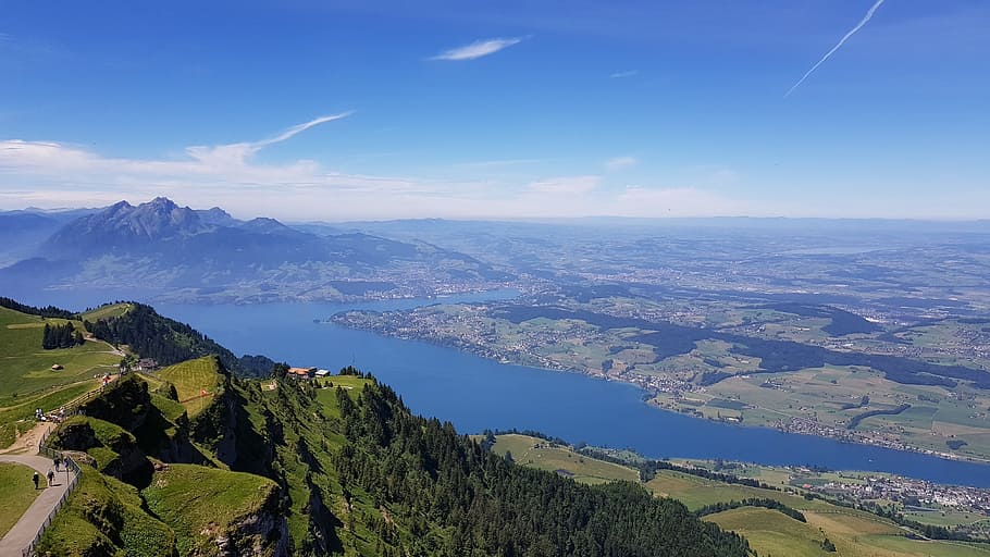 switzerland, sky, view, mountains, nature, blue, alpine, clouds HD wallpaper