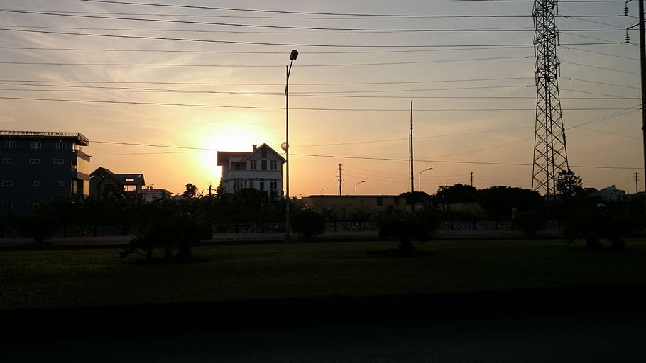 sunset, street, city, sky, electricity, cable, power line, electricity pylon HD wallpaper