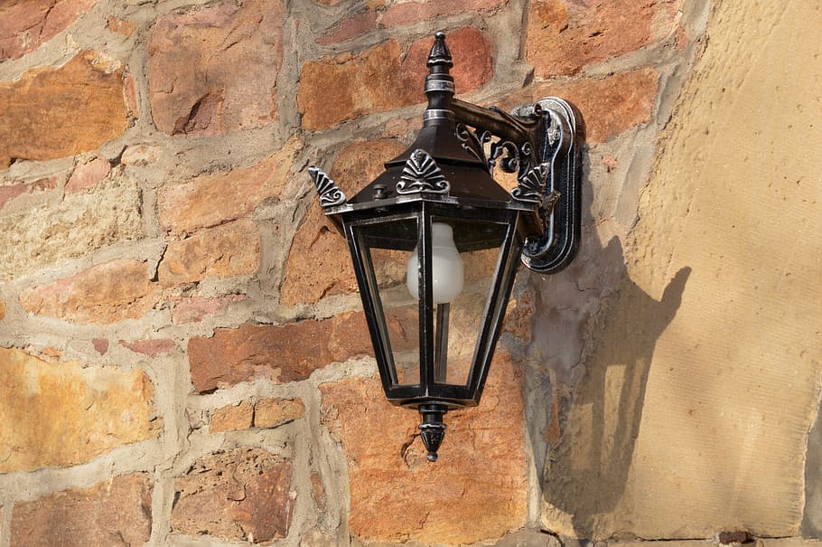 lamp, lantern, light, wall, stone wall, hell, wall - building feature HD wallpaper