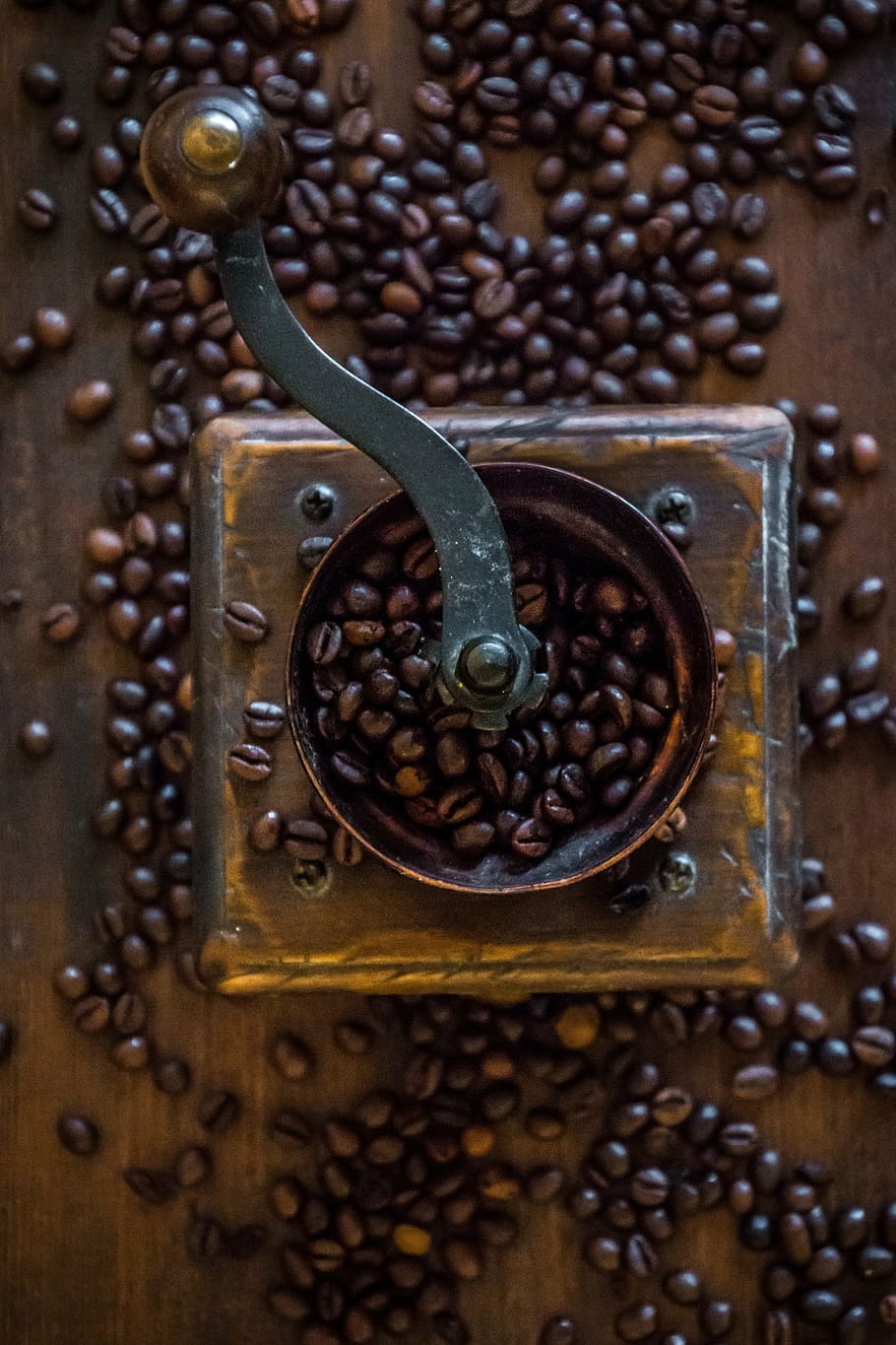 coffee grinder and coffee beans on wood plank, old coffee grinder HD wallpaper