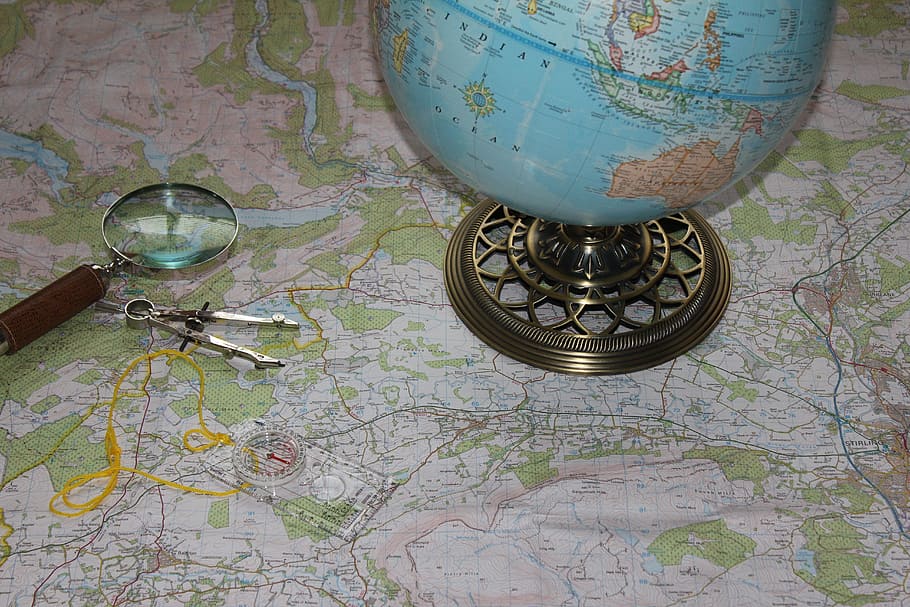 map, globe, travel, compass, magnifying glass, orienteering HD wallpaper