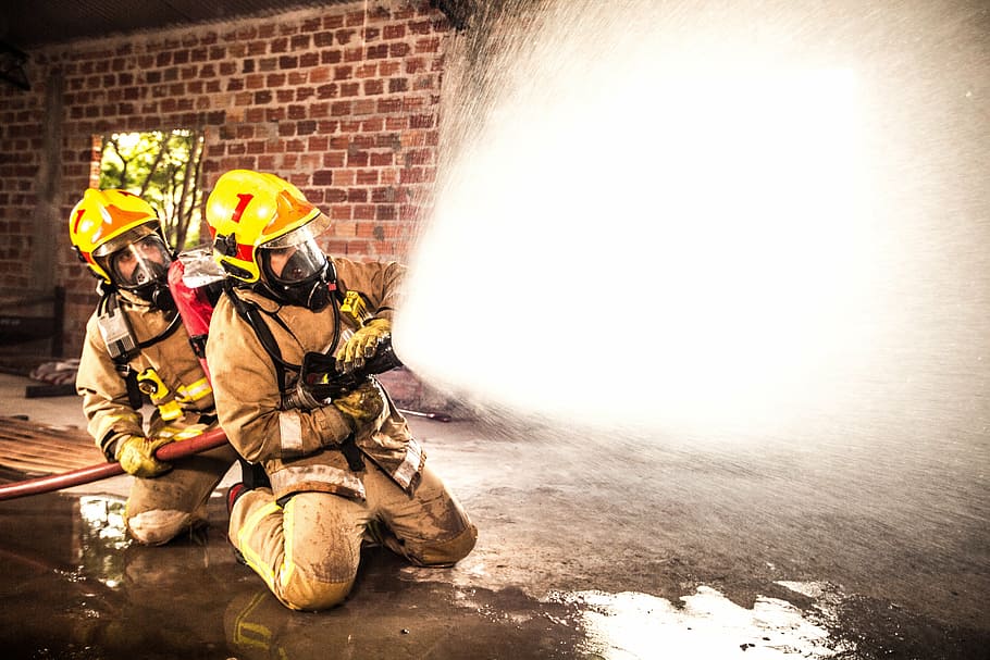 HD wallpaper: two fireman holding fire hose, volunteer firefighters, rescue  | Wallpaper Flare