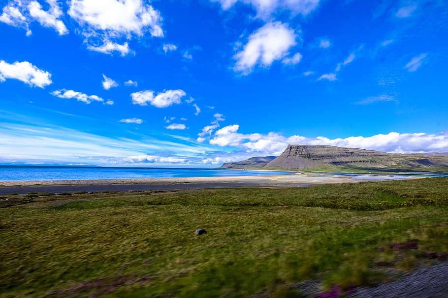 sea, landscape, nature, sky, beach, clouds, daylight, grass, grassland HD wallpaper