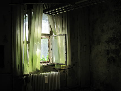green window blinds, old, broken, light, wall, atmosphere, ruin HD wallpaper