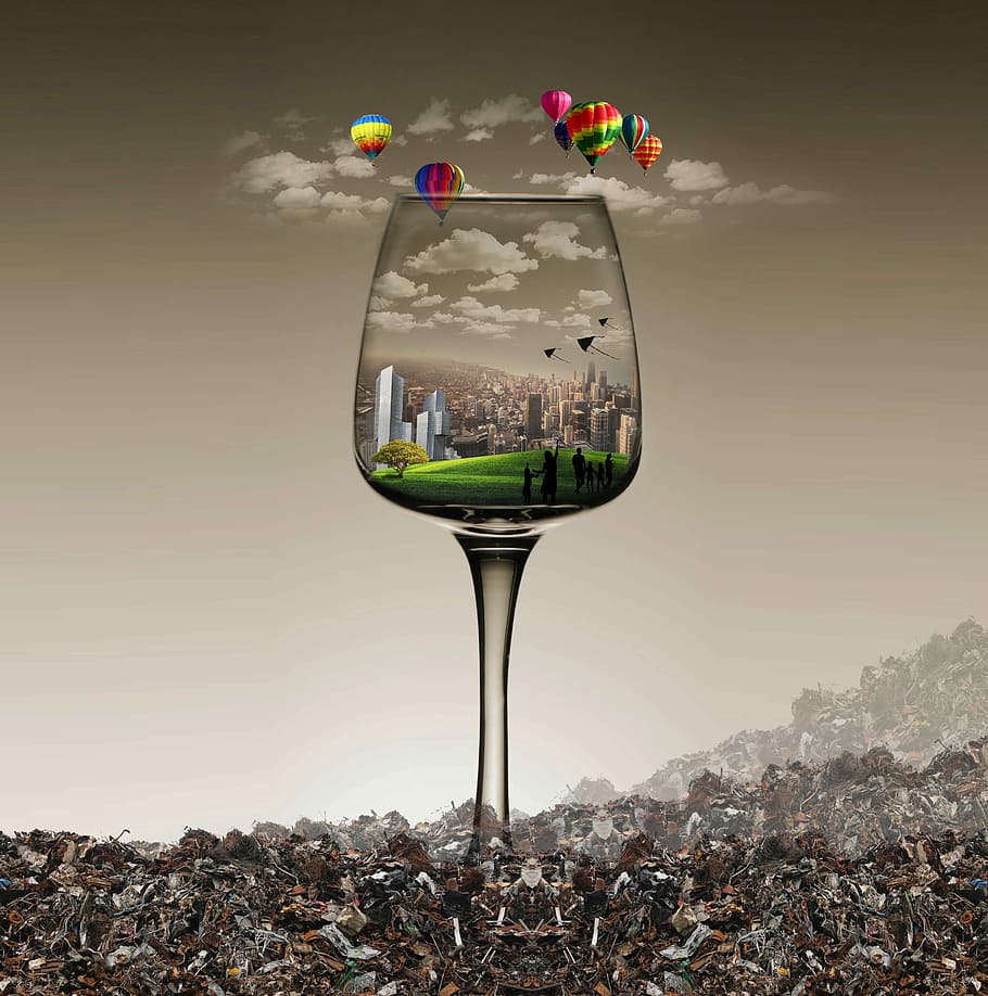 clear drinking glass and view of air balloons, Clean, Environment